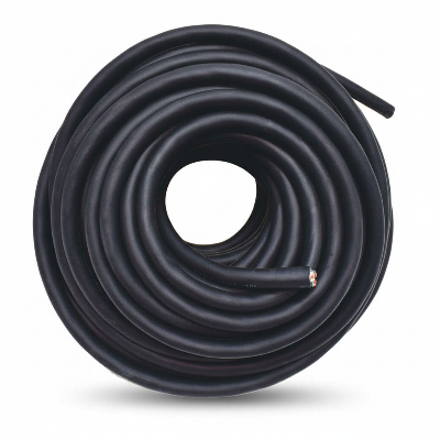 Coiled black cable on a white background