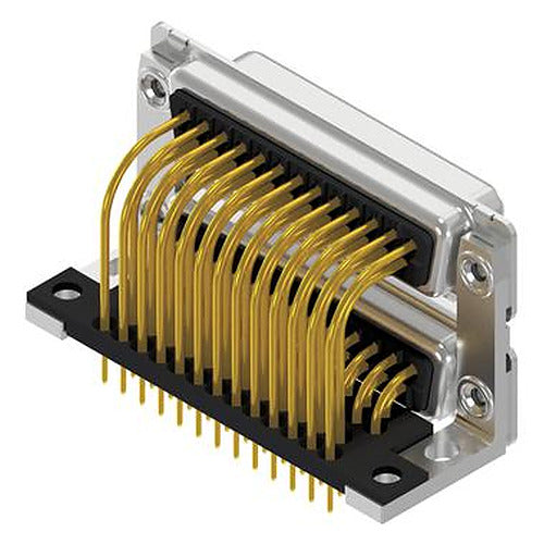 A multi-pin electronic connector module with a silver metal housing, black internal base, and numerous gold-plated pins, shown on a plain white background.