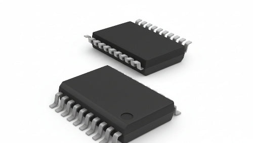 Two black integrated circuits with silver pins on a white background