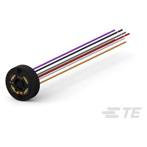 A 5-pin electronic connector with a black circular base and five colored wires (purple, black, gray, red, and gold) extending outwards, shown on a white background with a faint ETE logo in the bottom right corner.