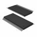 Two black integrated circuits with silver leads on a white background