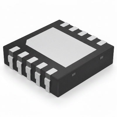 Black electronic component with silver pins on a white background