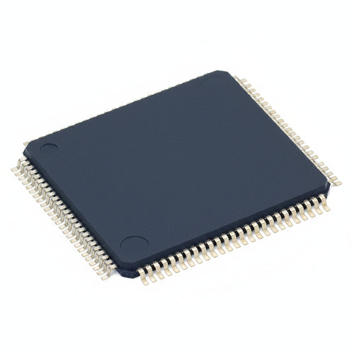 A square black integrated circuit chip with many thin metallic pins extending from the sides, shown on a plain white background.