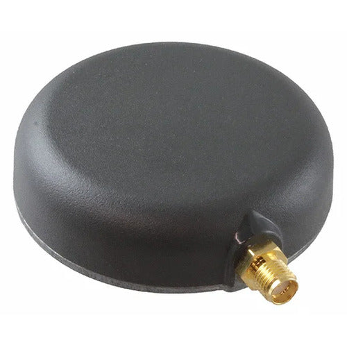 A black circular dome-shaped antenna with a gold SMA connector on the side, shown against a plain white background.