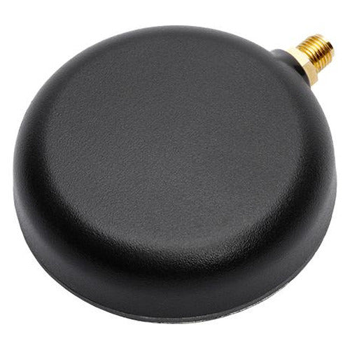 A black circular dome antenna with a gold-colored threaded connector on the side, shown against a plain white background.