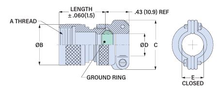 Technical dimension drawing of a cylindrical metal component with thread, ground ring, and cross-section view, labeled with dimensions such as length, ØB, ØD, C, and E.