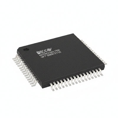 Electronic component with a black body and silver pins on a white background