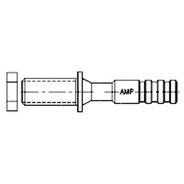 A black and white technical line drawing of a threaded metal connector or plug, showing a hex head on the left, a flared collar, and a threaded body with the letters 'AMP' printed on it.