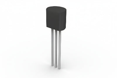 Black electronic component with three metallic legs on a white background
