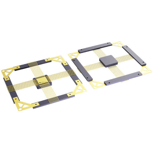 Two electronic circuit boards with gold-plated traces and dark gray components, displayed on a clean white background.
