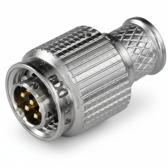 A metallic cylindrical connector with a ribbed body and a multi-pin round plug end, shown on a plain white background.