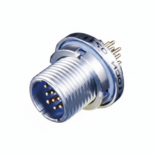 A close-up of a blue and silver multi-pin electrical connector, shown against a white background.