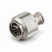 A silver metal electrical connector with a ribbed cylindrical body and a multi-pin female pin array, shown on a plain white background.