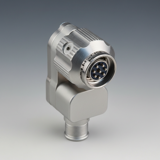 A close-up of a metallic industrial connector or sensor component with a round multi-pin socket and cylindrical body, shown on a plain white background.