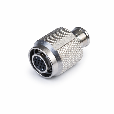 Metal connector with threaded design on a white background