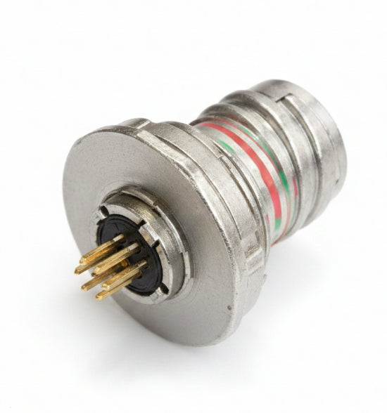 A silver metal electrical connector with a threaded body, a multi-pin female socket with gold-plated pins, and colored internal wires visible on the side.