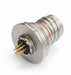 A silver metal electrical connector with a threaded body, a multi-pin female socket with gold-plated pins, and colored internal wires visible on the side.