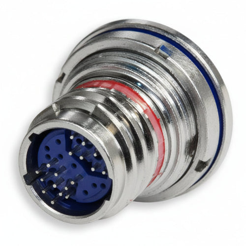A close-up of a metallic threaded connector with a blue inner contact area and small red and blue ring details, shown on a white background.