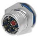 Metallic connector with red element on a white background