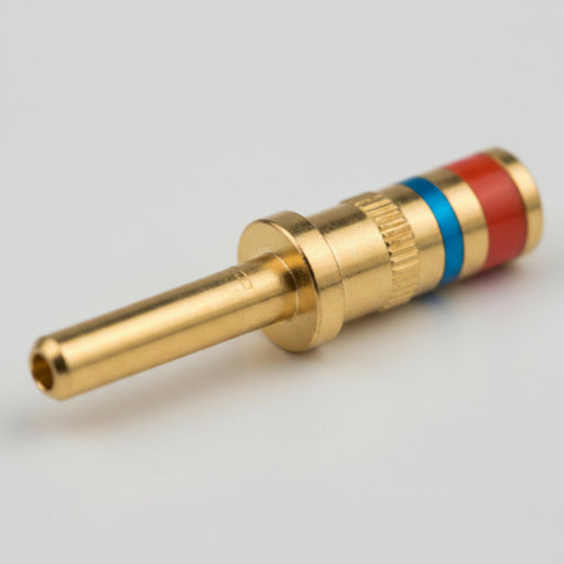 A small brass-colored metal cylindrical component with a threaded shaft and a colored end section showing orange, blue, and white bands, isolated on a white background.