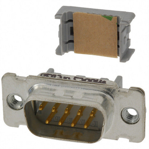 A 5-pin male DB25 female connector shown from two angles on a white background, featuring a gray plastic housing, silver metal casing, gold-plated pins, and a brown cardboard insert.