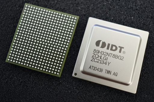 An IDT microprocessor chip shown from both sides: the bare side with a green border and dense array of gold solder balls on the left, and the packaged side with a silver metal top cover on the right, displayed on a dark textured background.