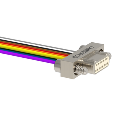 Metal connector with multicolored wires on a white background