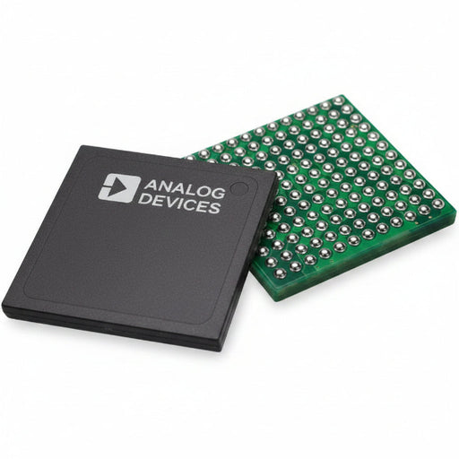 Two electronic integrated circuit chips, one with a black top surface and white printed text/logo, and the other showing a green solder-side face with gold-plated pads, on a white background.