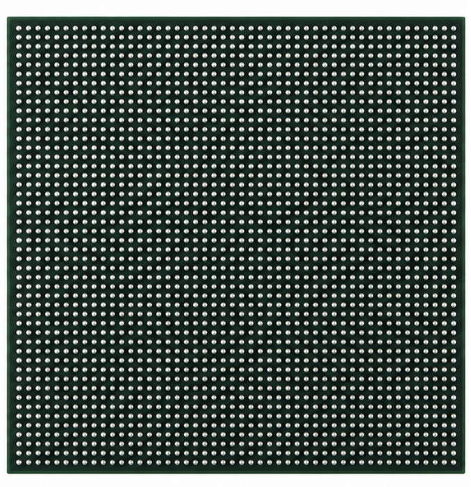Intel Arria 10 FPGA SoC chip shown from two sides: one side displays the white Intel and Arria 10 branding on a dark gray/black surface, while the other side shows the dense grid of gold and silver solder balls on the substrate.