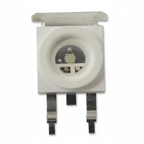 A small square electronic component or sensor module with a white plastic housing, circular center opening, dark internal details, and two black ribbon leads below, shown on a plain white background.