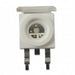A small square electronic component or sensor module with a white plastic housing, circular center opening, dark internal details, and two black ribbon leads below, shown on a plain white background.