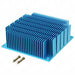 Blue metal heatsink with fins on a white background