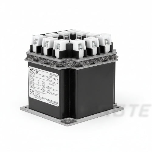A square black electrical transformer or relay component with a white label on the front and metal terminal posts on top, shown on a plain white background.
