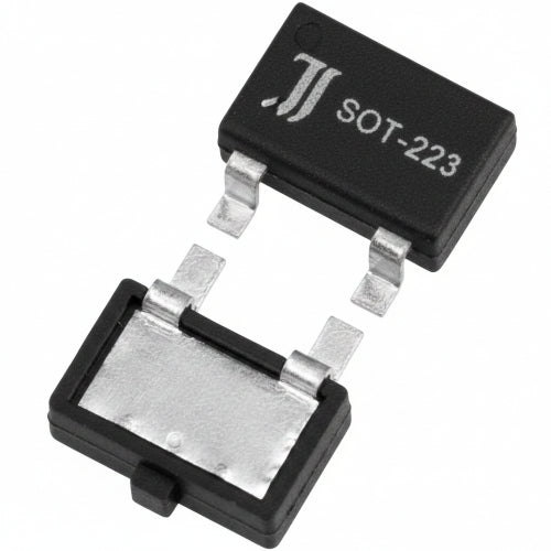 Two small black electronic components with silver metal leads, shown on a plain white background. One component has white printed text that appears to read 'SOT-143'.