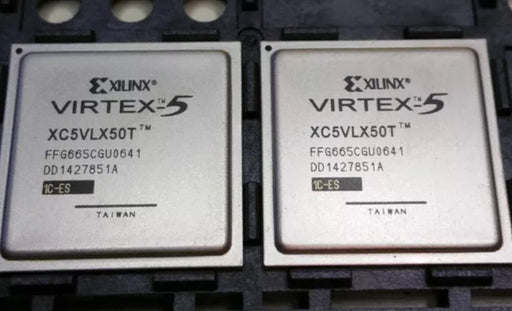 Two Exilinx Virtex-5 FPGAs on a black background