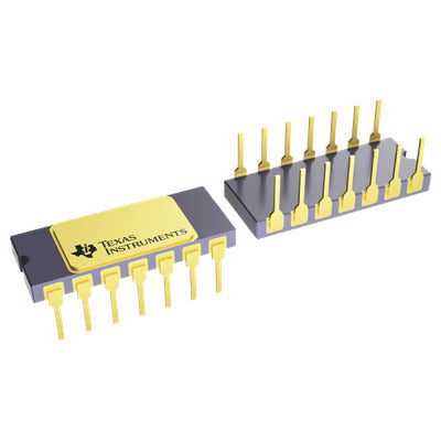 Texas Instruments integrated circuit with gold leads on a white background
