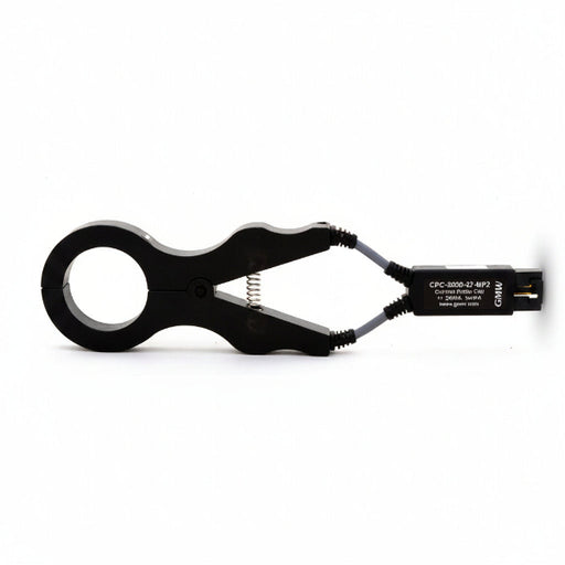 A black clamp-on current probe with a circular loop, a spring-loaded clamp mechanism, and a connector labeled 'CPC-2000-27-8P2' and 'MAG', shown on a plain white background.