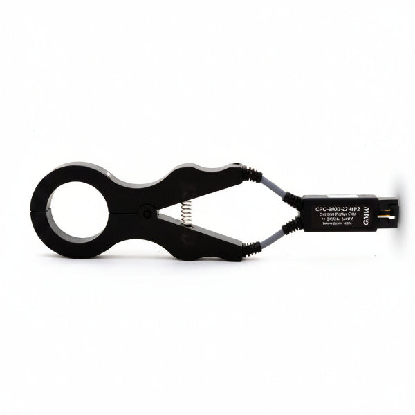 A black clamp-on current probe with a circular loop, a spring-loaded clamp mechanism, and a connector labeled 'CPC-2000-27-8P2' and 'MAG', shown on a plain white background.