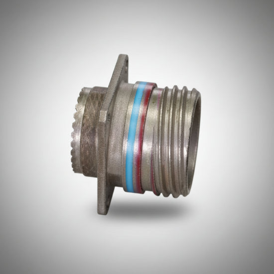 A metal threaded connector fitting with a flat mounting tab, featuring a blue and red stripe band around the middle, shown on a plain white background.