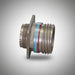 A metal threaded connector fitting with a flat mounting tab, featuring a blue and red stripe band around the middle, shown on a plain white background.