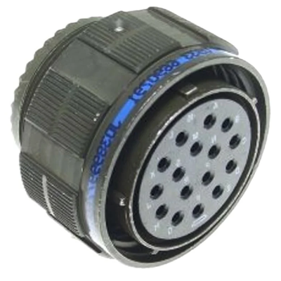 Close-up of a black and gray cylindrical connector with blue accents on a white background