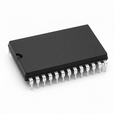 Black integrated circuit with 20 pins on a white background