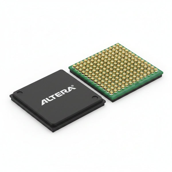EP1AGX20CF484I6 by Altera - IC FPGA 230 I/O 484FBGA electronic chips on a white background, one showing the dark gray top surface with the white 'ALTERA' logo and the other showing the green solder-side with pins.