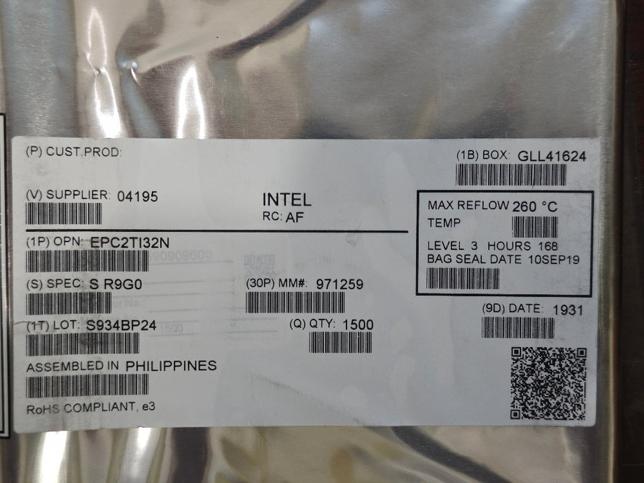 Intel component with label on a metallic background