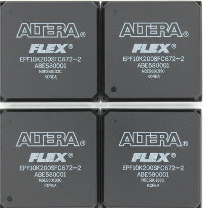 Multiple Altera Flex chips arranged in a grid on a dark background