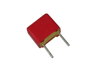 Red capacitor with two leads on a white background