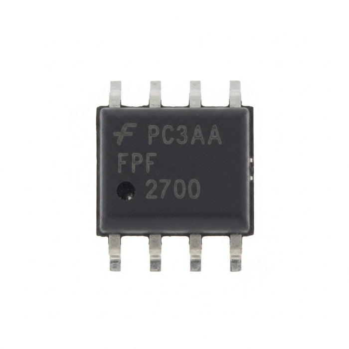A black plastic dual in-line package (DIP) electronic component with silver metal leads, featuring white printed text including 'FPF', 'PC3AA', and '2700' on its top surface. FPF2700MX by onsemi - IC PWR SWITCH N-CHANNEL 1:1 8SO