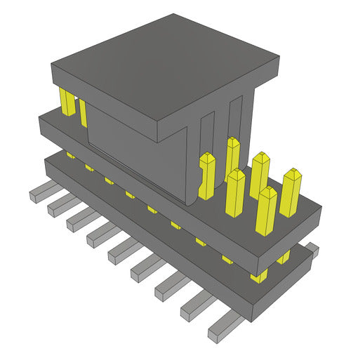 A 3D isometric rendering of a dark gray electronic component or module with multiple yellow pins and gray leads, shown on a plain white background.