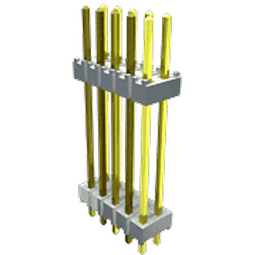 A 6-pin through-hole electronic component with six gold vertical leads and gray rectangular sockets, shown on a plain white background.