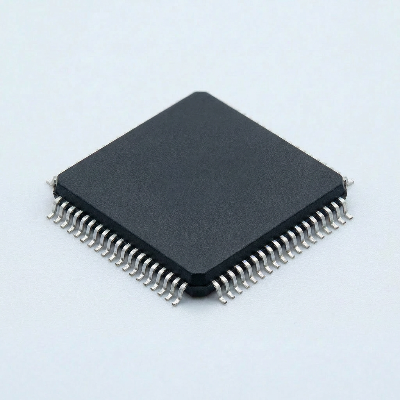 Electronic chip with metallic pins on a light gray background
